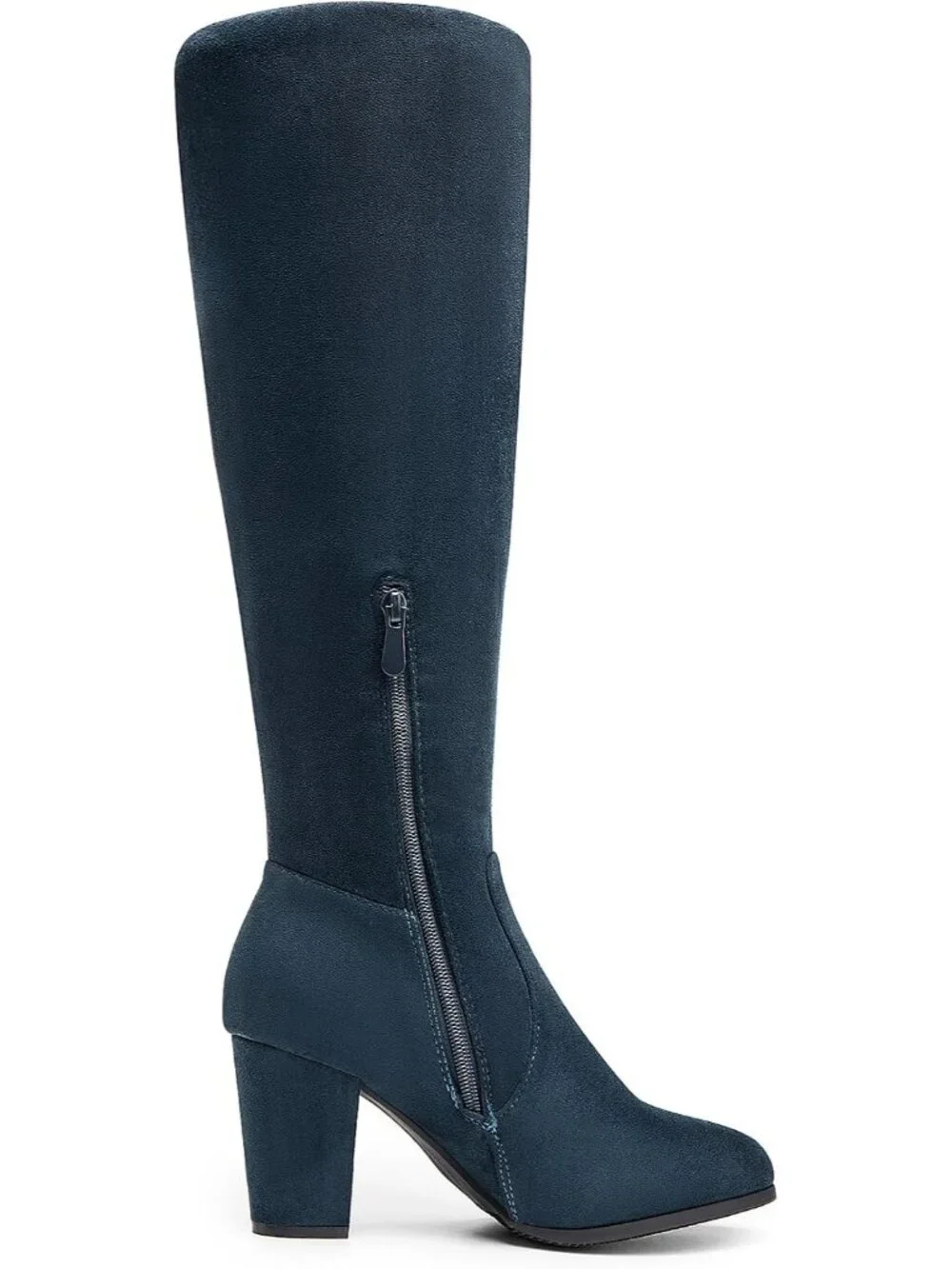 Women's Dark Blue Faux Fur Lined Square Toe Side Zipper Knee High Riding Boots